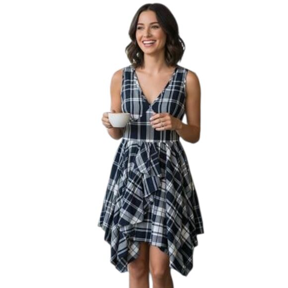 Miss Sixty Navy Plaid Handkerchief Hem Dress Women’s Size 8 Sleeveless Boho Chic - Picture 1 of 12